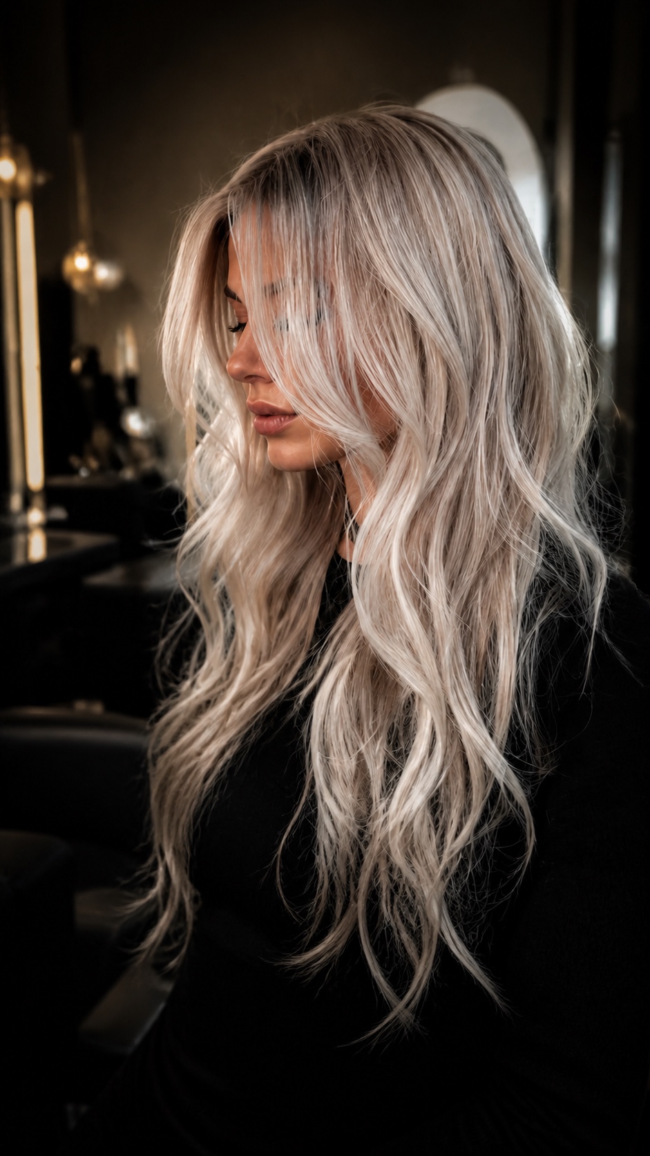A model with long, layered platinum-blonde hair in a luxury salon